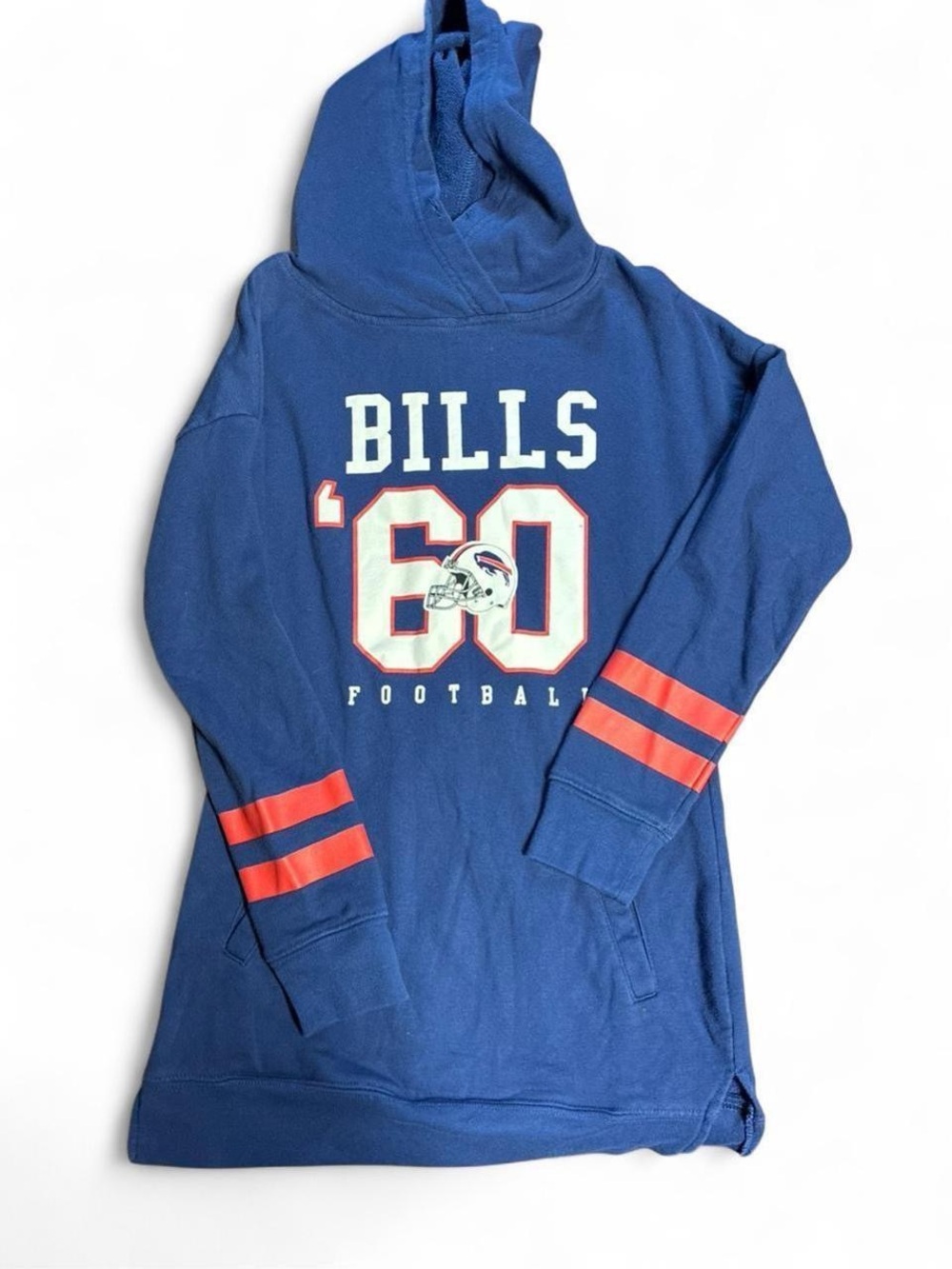 Women’s NFL Bills Blue Long Hooded Crewneck with Red Stripe Accents